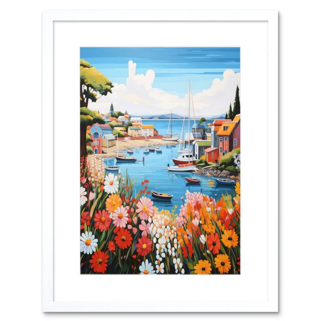 Artery8 Wall Art Print Idyllic Scenic Seaside Fishing Village Bright Oil Painting Orange Pink Blue Bathroom Floral Artwork Harbor Bay Boats Coastal - image 1
