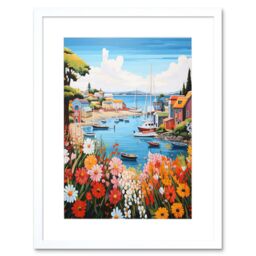 Artery8 Wall Art Print Idyllic Scenic Seaside Fishing Village Bright Oil Painting Orange Pink Blue Bathroom Floral Artwork Harbor Bay Boats Coastal - thumbnail 1