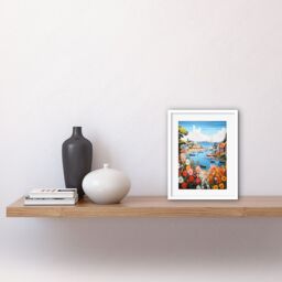 Artery8 Wall Art Print Idyllic Scenic Seaside Fishing Village Bright Oil Painting Orange Pink Blue Bathroom Floral Artwork Harbor Bay Boats Coastal - thumbnail 2