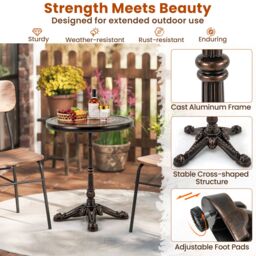 Gymax 60CM Round Patio Dining Table Cast Aluminum Dining Table-Bronze in Bronze - thumbnail 5