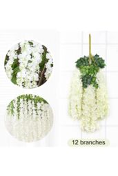 Living and Home 12 Pcs Hanging Artificial Wisteria Vine for Wedding Decoration in White - thumbnail 3
