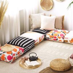 Wyld and Coco Boho Cotton Floor Cushion 50x50x20 cm Black-and-White Striped Pouffe in Black - Size: 50 x 50 x 20 cm - thumbnail 1