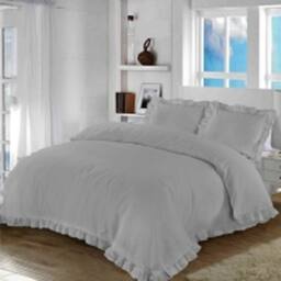 Homes-Linen Santiago Frilled Edge Polycotton Duvet Cover Set in Silver - Size: Super King - thumbnail 1