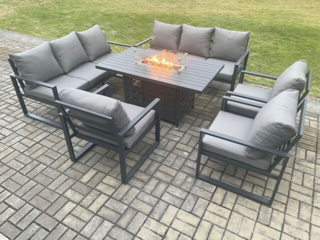 Fimous Aluminium Garden Furniture Outdoor Set Patio Lounge Sofa Gas Fire Pit Dining Table Set with 3 Armchair Dark Grey - image 1