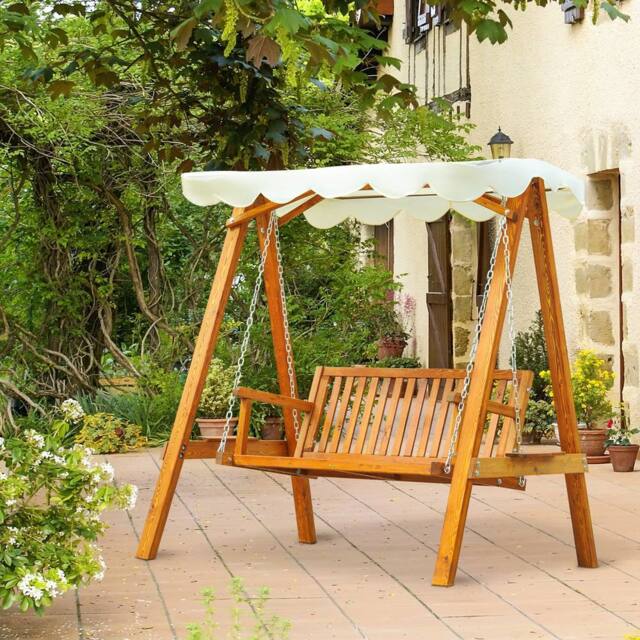 OUTSUNNY 2 Seater Wooden Garden Swing Chair Seat Hammock Bench Lounger in Natural - image 1
