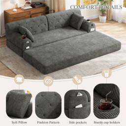 Direct Wicker 3-Seater Corduroy Sofa Bed with Cup Holders & Side Storage Pockets in Dark Grey - Size: 3 Seater - thumbnail 2