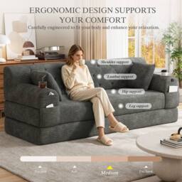 Direct Wicker 3-Seater Corduroy Sofa Bed with Cup Holders & Side Storage Pockets in Dark Grey - Size: 3 Seater - thumbnail 5