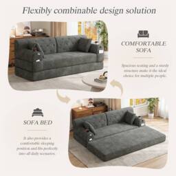 Direct Wicker 3-Seater Corduroy Sofa Bed with Cup Holders & Side Storage Pockets in Dark Grey - Size: 3 Seater - thumbnail 4
