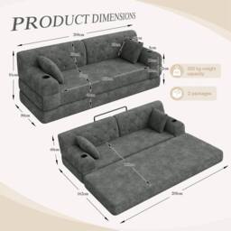 Direct Wicker 3-Seater Corduroy Sofa Bed with Cup Holders & Side Storage Pockets in Dark Grey - Size: 3 Seater - thumbnail 7