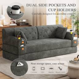 Direct Wicker 3-Seater Corduroy Sofa Bed with Cup Holders & Side Storage Pockets in Dark Grey - Size: 3 Seater - thumbnail 3
