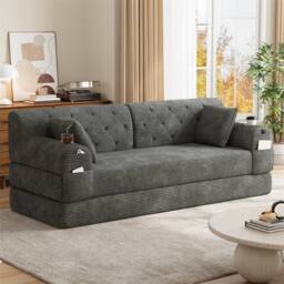 Direct Wicker 3-Seater Corduroy Sofa Bed with Cup Holders & Side Storage Pockets in Dark Grey - Size: 3 Seater - thumbnail 8