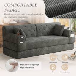 Direct Wicker 3-Seater Corduroy Sofa Bed with Cup Holders & Side Storage Pockets in Dark Grey - Size: 3 Seater - thumbnail 6
