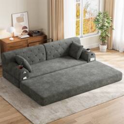 Direct Wicker 3-Seater Corduroy Sofa Bed with Cup Holders & Side Storage Pockets in Dark Grey - Size: 3 Seater
