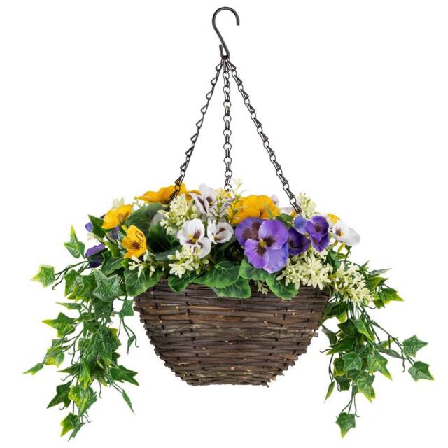 Christow Artificial Pansy Wicker Hanging Basket UV Resistant Foliage 25cm in Yellow - image 1