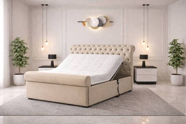 PARADISE BEDS LTD Electric Adjustable Bed All Sizes + Mattress & Matching Headboard in Beige - Size: Double - image 1