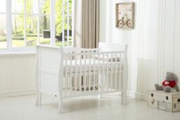 MCC Direct CozyCubs Wooden Curved Sleigh Baby Cot Bed with Mattress Savannah in White