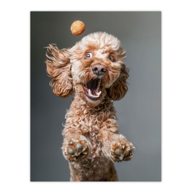 "Artery8 Wall Art Print Funny Cockapoo Dog Lover Treat Catch Photo Poster in Grey - Size: W12"" x H16""" - image 1