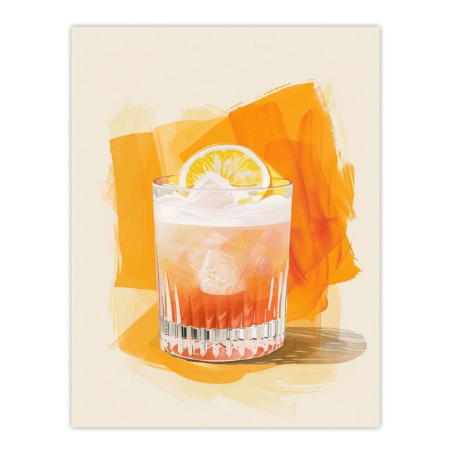 "Artery8 Whiskey Sour Cocktail Fruit Slice Bar Watercolour Wall Art Print in Orange - Size: W24"" x H32""" - image 1