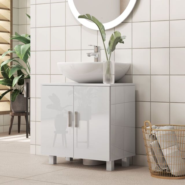 HOMCOM Freestanding Bathroom High Gloss Under Sink Cabinet, White - image 1