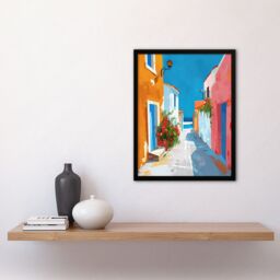 Artery8 Greek Coastal Village Street Painting Calm Sunny Framed Art Print - Size: A4 - thumbnail 4