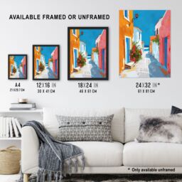 Artery8 Greek Coastal Village Street Painting Calm Sunny Framed Art Print - Size: A4 - thumbnail 3