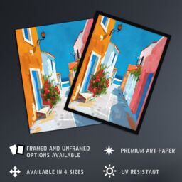 Artery8 Greek Coastal Village Street Painting Calm Sunny Framed Art Print - Size: A4 - thumbnail 2