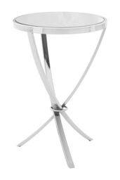 Orsina Chrome Pinched Round Side Table, Mirrored Glass Top with Silver Finish, Bow-Shaped Metal Legs, Accent Table