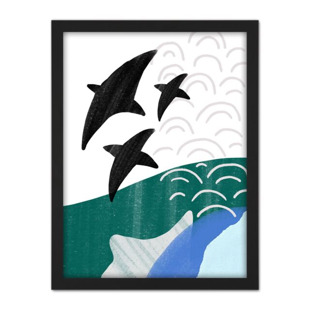"Artery8 Wall Art Print Collage Abstract Flying Fish Large Framed Wall Décor Art in Light Oak - Size: W18"" x H24""" - image 1