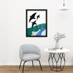 "Artery8 Wall Art Print Collage Abstract Flying Fish Large Framed Wall Décor Art in Light Oak - Size: W18"" x H24""" - thumbnail 2
