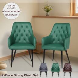 FURNITURE ONE Upholstered Dining Chairs Set of 2, PVC Leather in Dark Green - Size: 2 Seater