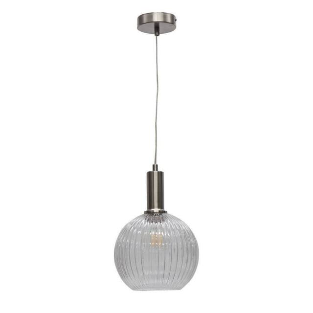 First Choice Lighting Betchley - Clear Ribbed Glass Globe Satin Nickel Deco Pendant Fitting - image 1