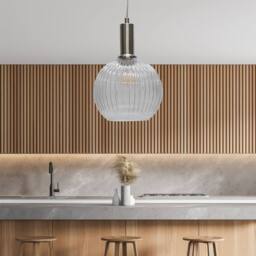 First Choice Lighting Betchley - Clear Ribbed Glass Globe Satin Nickel Deco Pendant Fitting - thumbnail 3