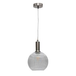 First Choice Lighting Betchley - Clear Ribbed Glass Globe Satin Nickel Deco Pendant Fitting - thumbnail 1