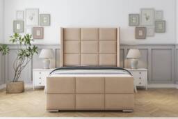 "Comfort Beds Charlie Plush Bed Frame - 50"" Upholstered Wingback Headboard in Stone - Size: Single" - thumbnail 2