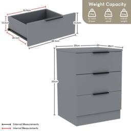 HD Designs Trega 3 Drawer Bedside Chest Table Space Saving Storage in Grey - thumbnail 2