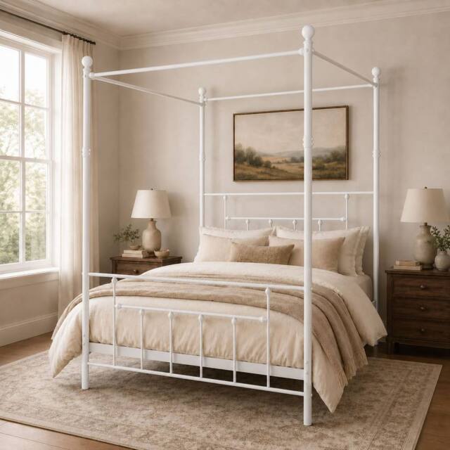 SquareBoxx Charlotte Double Four Poster Metal Bed Frame with Metal Slats in White - image 1