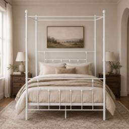 SquareBoxx Charlotte Double Four Poster Metal Bed Frame with Metal Slats in White - thumbnail 2