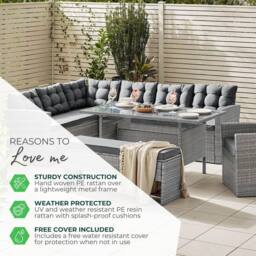 FurnitureboxUK Marbella Textured Grey Rattan Garden Dining Set Grey Cushions 9 Seat Outdoor Sofa, Glass Table Top 145x80cm - Size: 145x80 cm - thumbnail 9