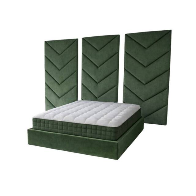 Stratus Interiors Optimus Velvet Bed Frame with Chevron Panel Headboard Set - Green - Size: Super King - image 1