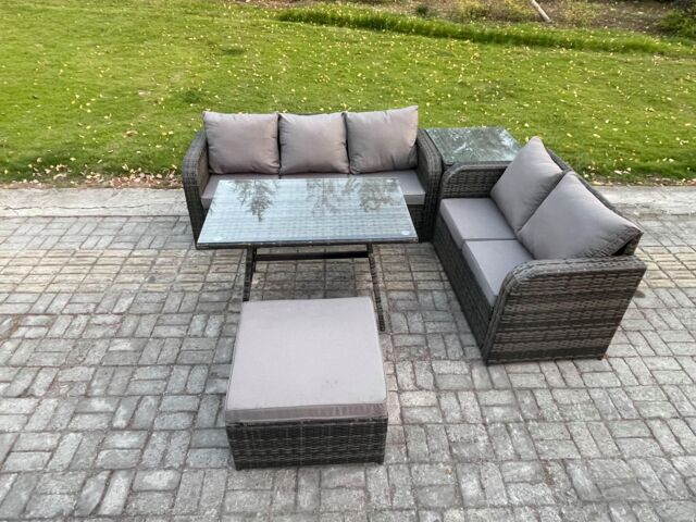 Fimous High Back Rattan Sofa Set Outdoor Garden Furniture Dining Table Set Love Sofa 3 Seater Sofa Big Footstool in Dark Grey - image 1