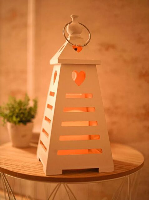 Marco Paul White Wooden Lantern Heart LED Battery Candle Holder Pyramid Home Decoration - image 1