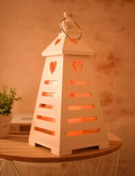 Marco Paul White Wooden Lantern Heart LED Battery Candle Holder Pyramid Home Decoration - thumbnail 4