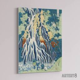 "Artery8 Mist Waterfall At Mount Kurokami Canvas Wall Art Print Hokusai in Green - Size: W24"" x H32""" - thumbnail 2