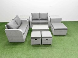 Fimous 7 Seater Outdoor Love Sofa Set Rattan Garden Furniture Set with Rectangular Coffee Table 3 Footstool 2 Side Tables Light Grey - thumbnail 2