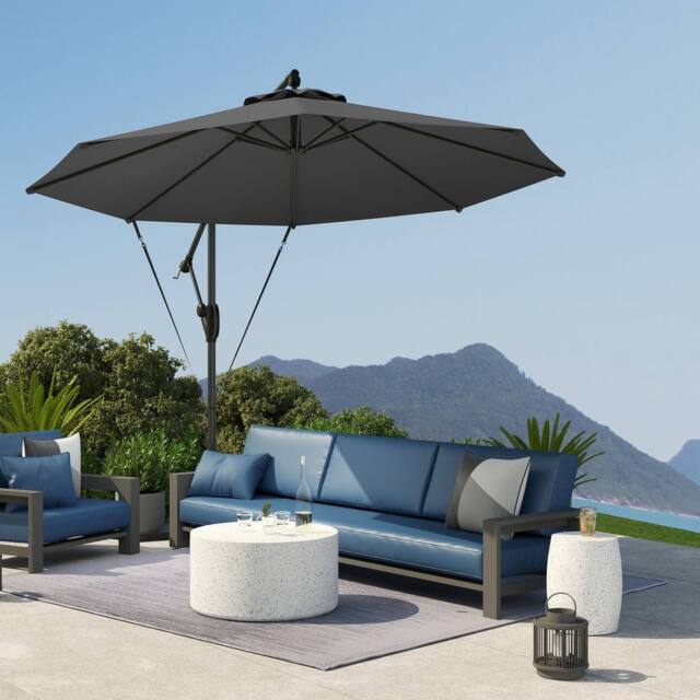 OUTSUNNY 3(m) Cantilever Banana Parasol with Cover Wind Strap UPF50+Grey in Grey