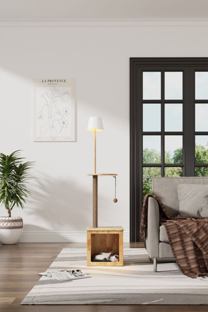 H&O Direct 2-in-1 Cat Climbing Frame Floor Lamp in Natural - image 1