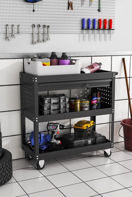 Living and Home 3-Tier Heavy Duty Steel Tool Cart Home Storage Cart With Wheel in Black - image 1