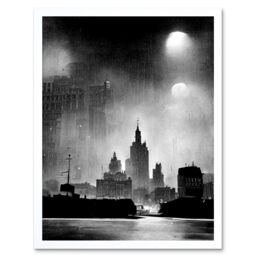 "Artery8 Wall Art Print 1950s Black & White New York Rainy Mist Cityscape Art Framed - Size: W12"" x H16""" - thumbnail 1