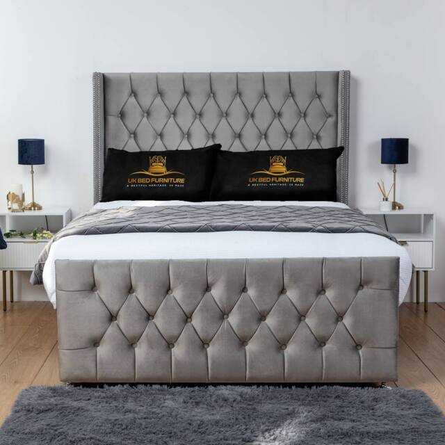 UK Bed Furniture Emily Wingback Divan Bed with 54 Inch Diamond Headboard - No Storage in Grey - Size: Super King - image 1