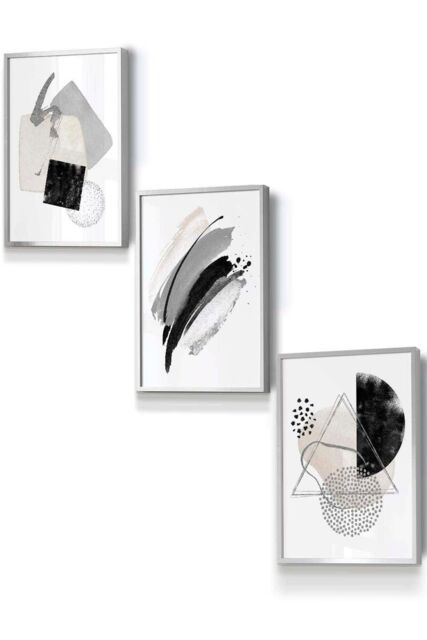 ARTZE Abstract Black Grey Ivory Watercolour Shapes Framed Wall Art - Small in Metallic Silver - Size: W33 cm x H45 cm x D20mm - image 1